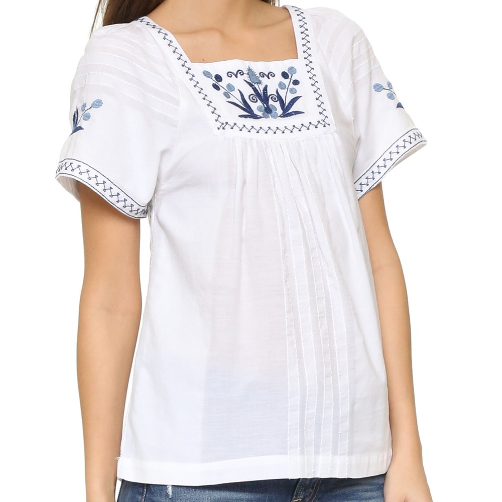Madewell Alma Embroidered White and Blue Top